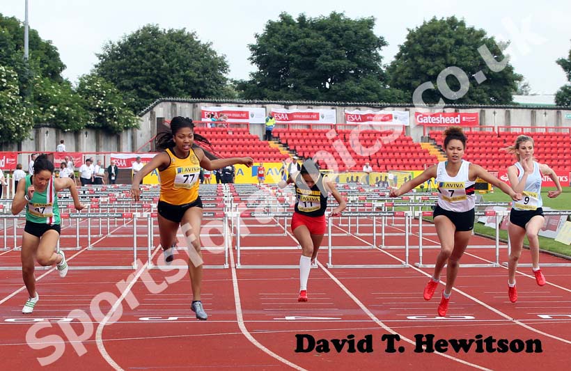 No 77 Shirin Irving (Surrey)  beats No 7 Stephanie Clitheroe (Bucks) in the Inter Girls 80 metres hurdles.